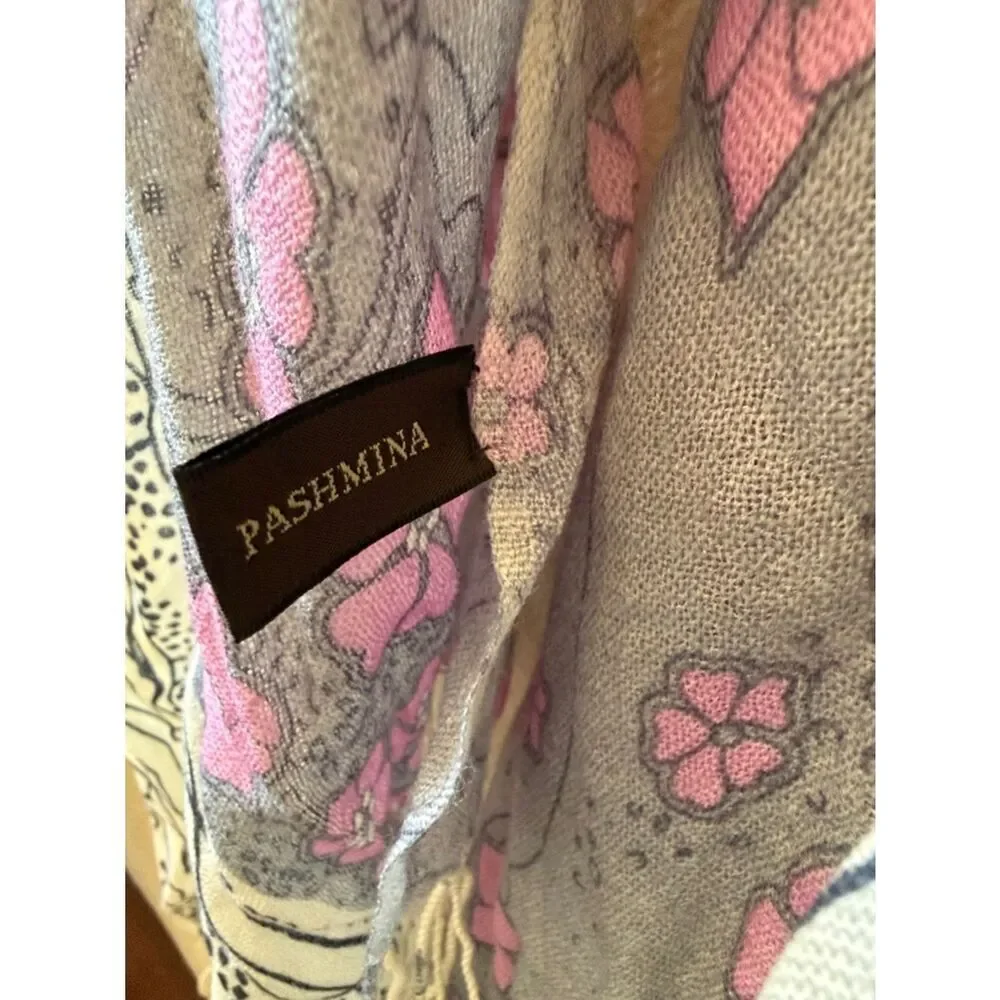 Wool Pashmina Floral Gray and Pink Wrap Scarf